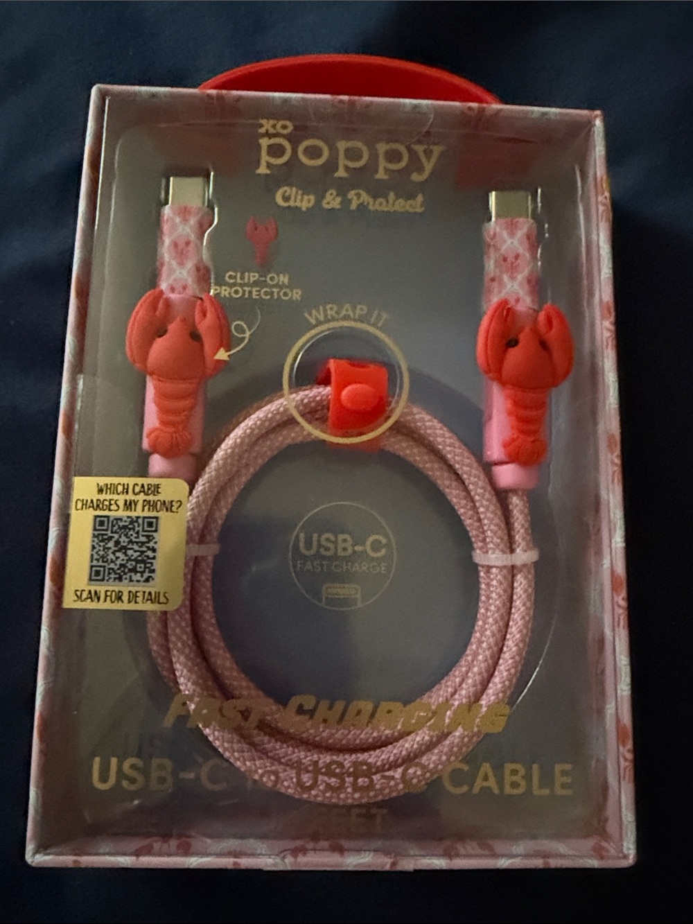 Poppy USB-C Lobster Fast Charging Cable with Clip Protectors - Pink - Picture 1 of 5